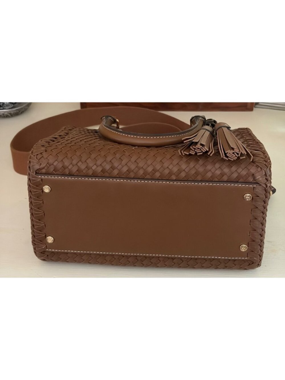 Tory Burch Thea Woven Leather McGraw Web Small Satchel Handbag Wide Crossbody Sh - Picture 9 of 16